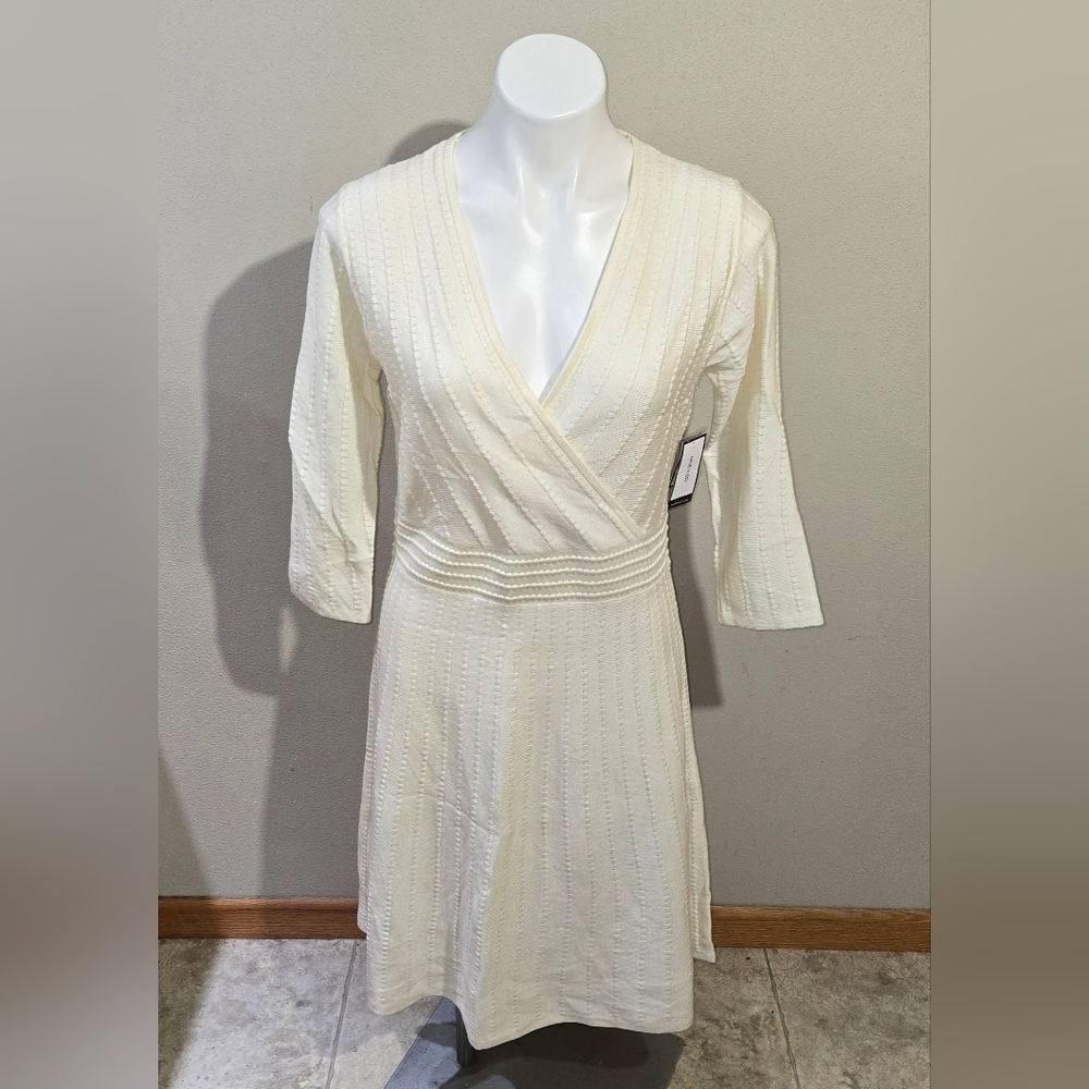 NWT Nine West Women's 3/4 Sleeve Fit & Flare Sweater Dress Ivory Med